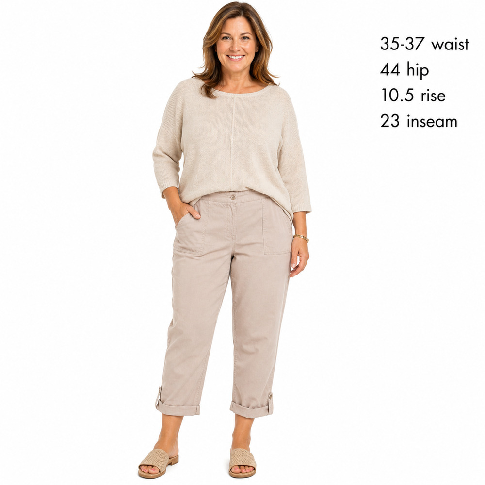 Talbots Petite Beige Cropped Twill Cotton Linen Blend Pants Roll Tab Hem sz 14P